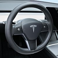 Uxcer Nappa Leather Steering Wheel Cover for Tesla Model 3/Y 2016-2026 Juniper/Highland - Non-Slip Breathable Protector, Black