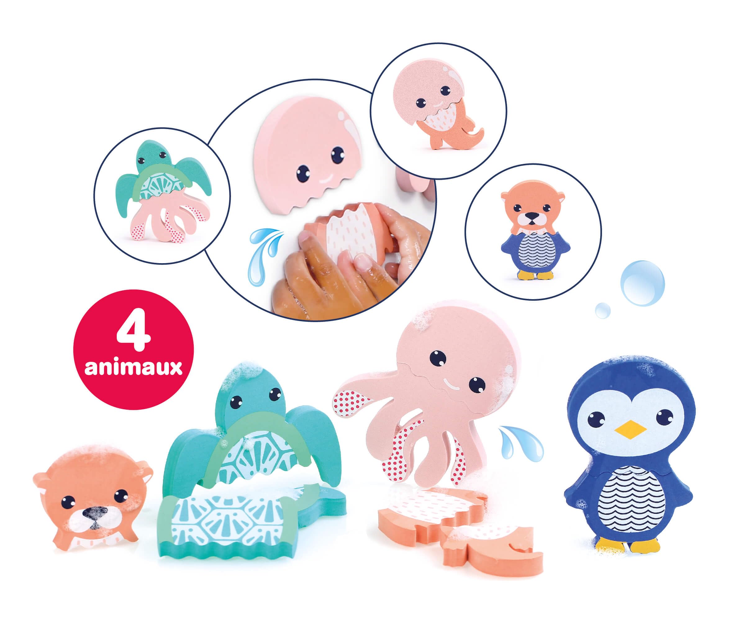 LUDI - Mix & Match - Jouet De Bain - 4 Animaux en Mousse À Assembler - Pièces Interchangeables - Flottantes - Dès 10 Mois - pour Jouer dans Le Bain - 1 Tortue, 1 Pieuvre, 1 Loutre, 1 Pingouin