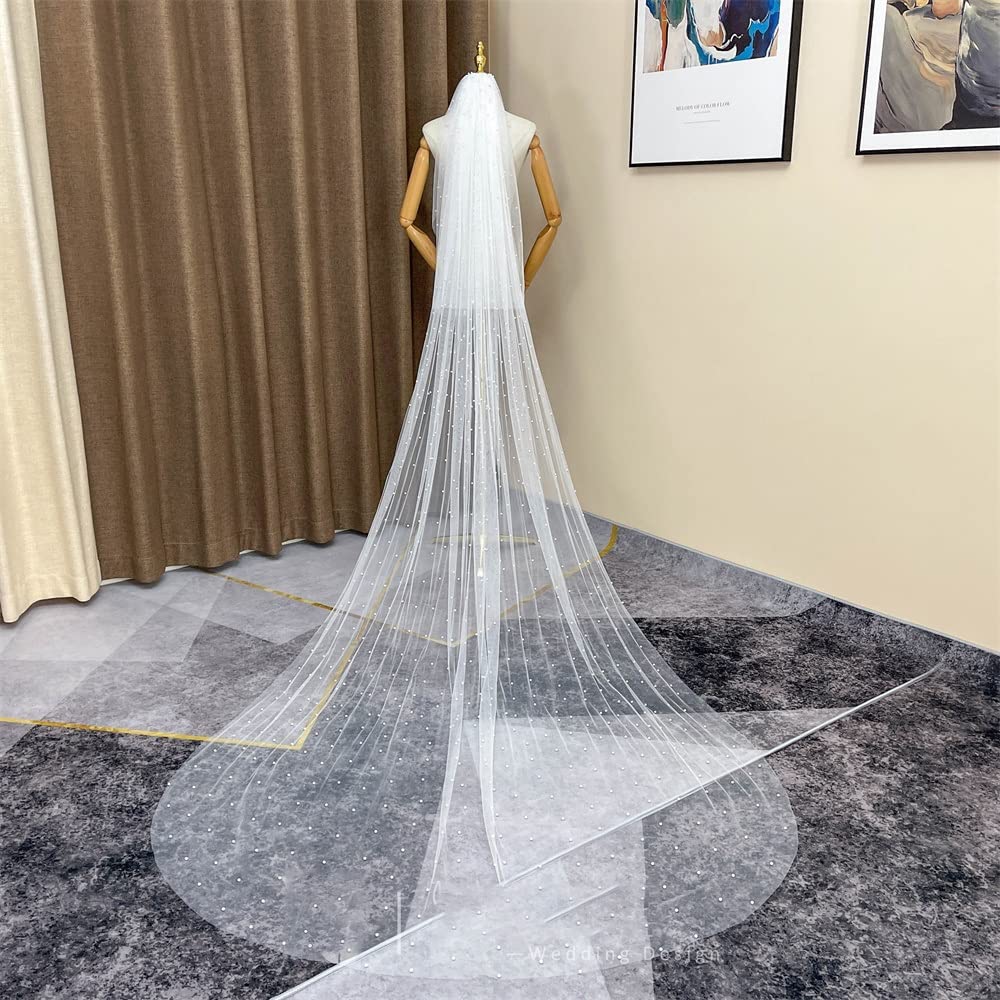 Ślub Welon slubny z grzebieniem sztuczna perla dwuwarstwowy dlugi welon slubny o dlugosci katedralnej welon slubny dla narzeczonych (Color : Ivory, Size : 250cm)