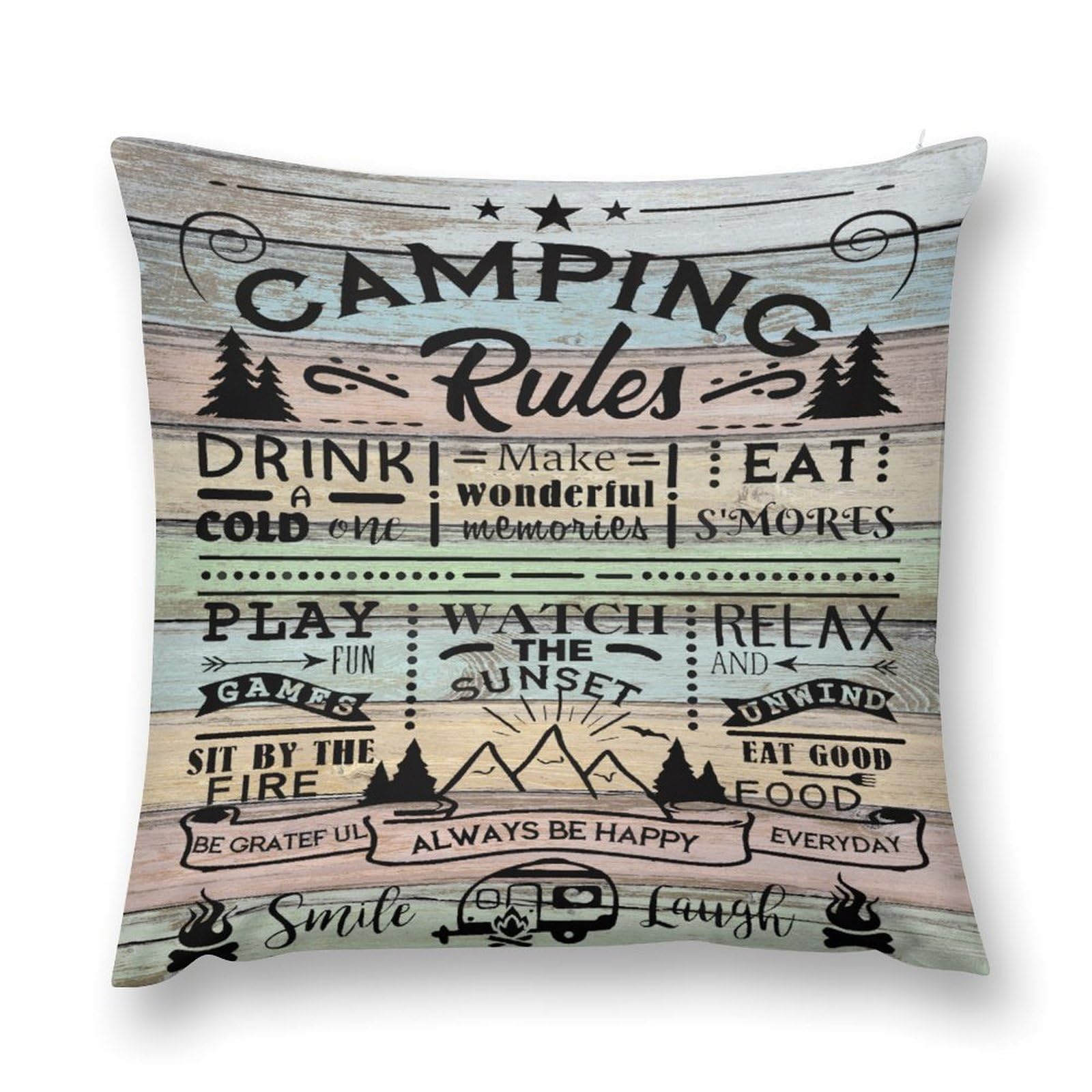 moderw RV Camper Throw Pillow Cover Retro Farmhouse Camping Rules Quote Couch Sofa Pillowcases Travel Trailer Rustic Cabin Happy Camp Cushion Case Decoration for Home Bed 18x18inch