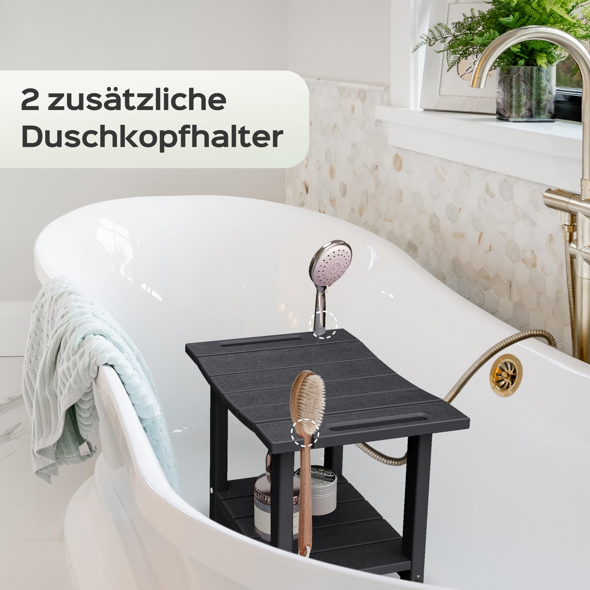 LyriFine Duschhocker, 47cm HDPE wasserdichter Duschstuhl für die Dusche, Badezimmer Hocker mit Duschkopfhalter, 160kg Duschhocker für ältere Menschen und Senioren zum Rasieren der Beine, Schwarz