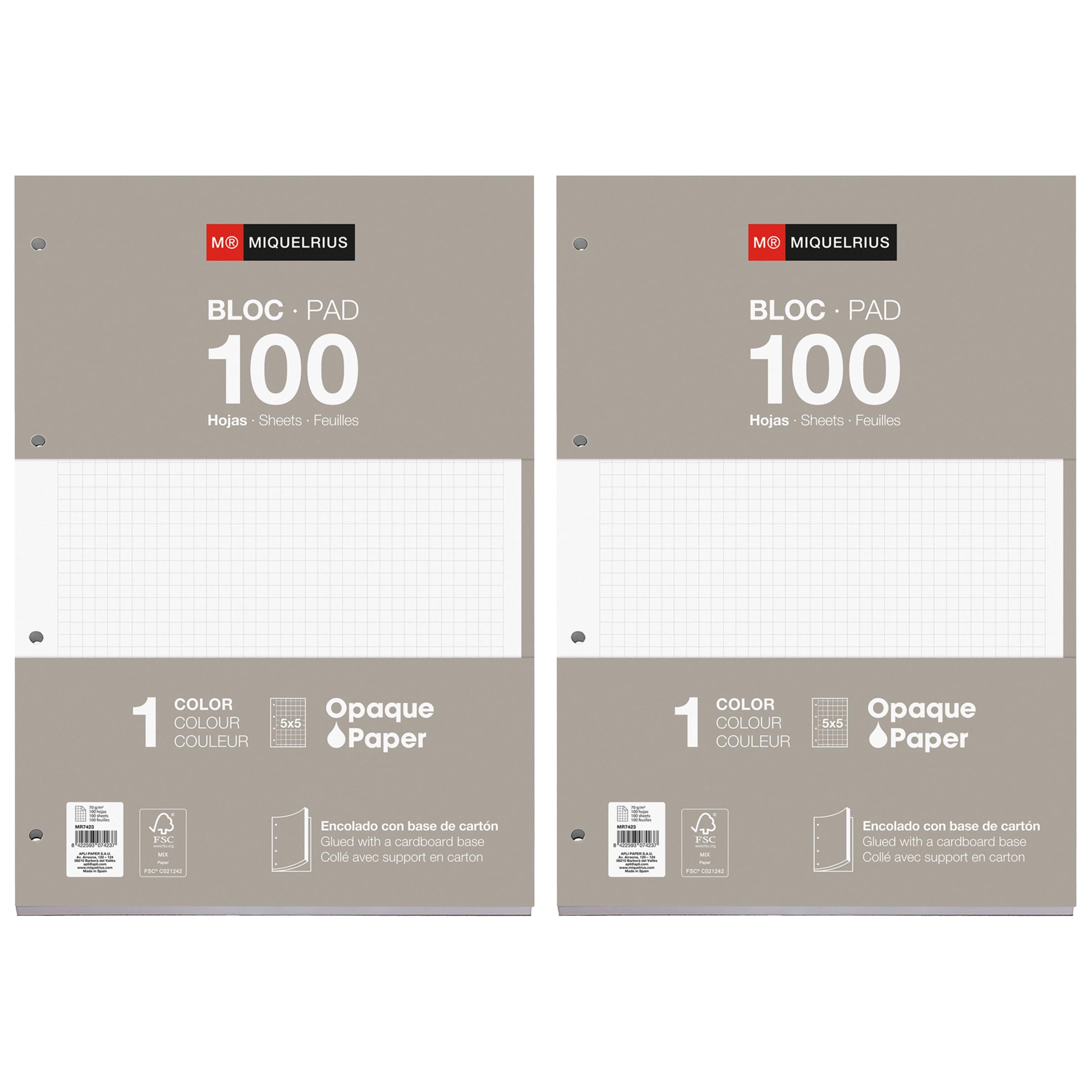 Miquelrius - Refill Pads for A4 Squared Sheets, Refill for 4 Ring Binders, 200 Sheets A4 with 5 mm Grid, Paper That Prevents Ink Bleed-Through, Grey