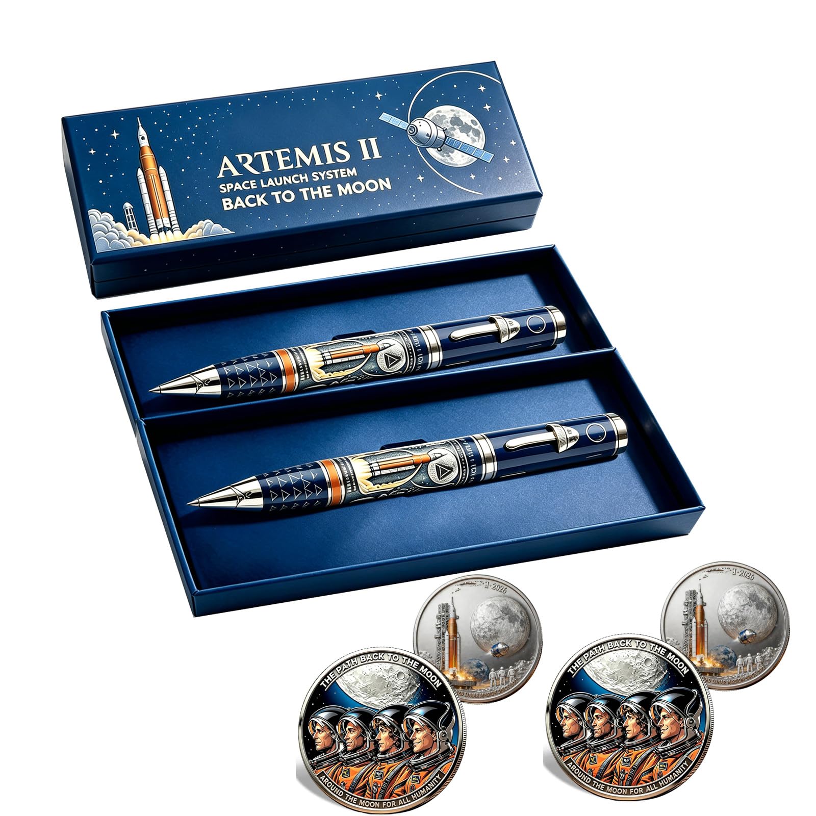 GUUZETU Artemis II Back to THE Moon Commemorative Pen with Coin, Rocket Astronaut Themed Ballpoint Pen, 2026 Space Special Edition Pen, Collectible Gift Set for Space Enthusiasts, Desk Decor (2pcs)