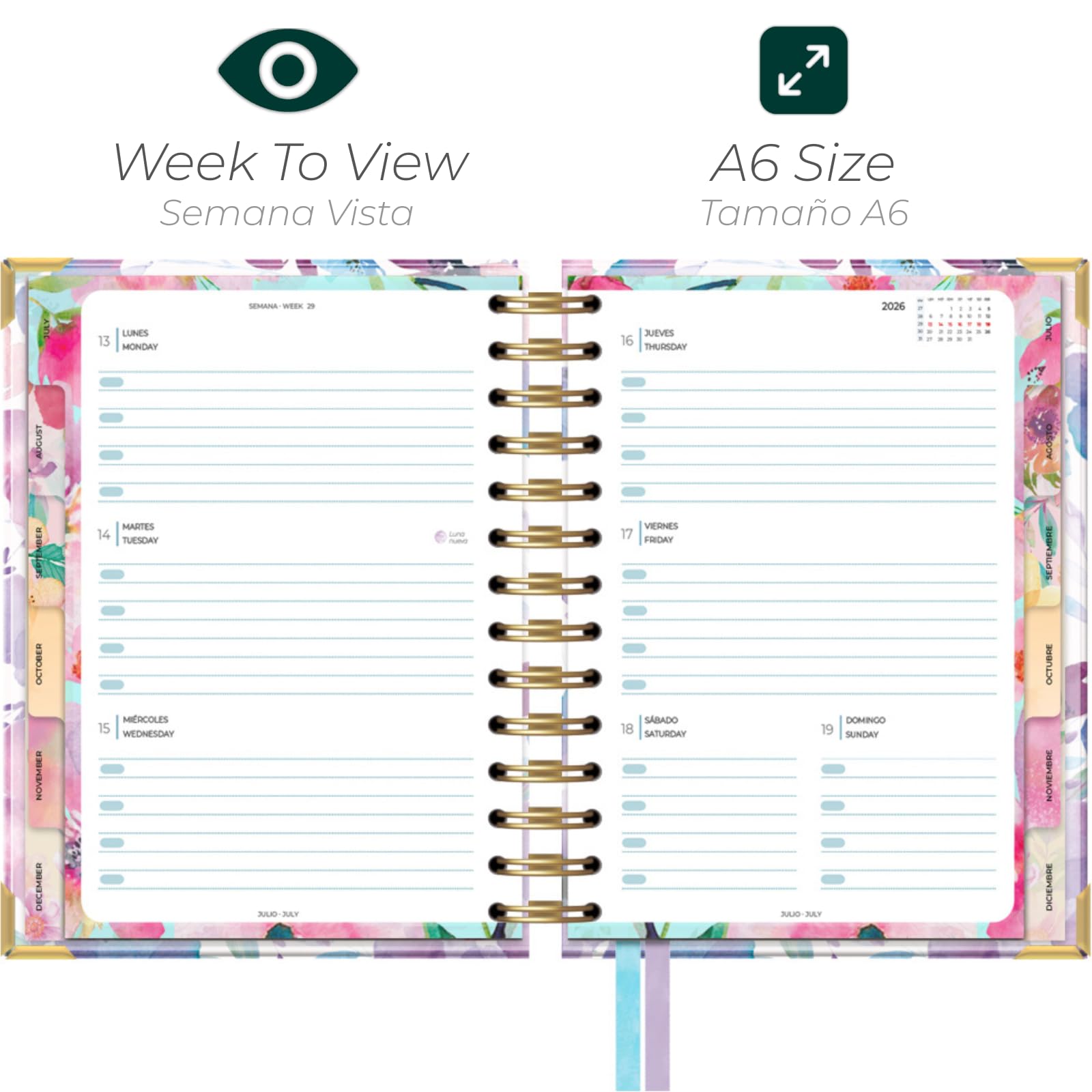 Takenote Diary 2026 - A6 Size (13.5x18 cm), Week-to-View, 12-Month Annual Planner January to December, Double Gold Spiral, Dual Bookmark, Elastic Band, Spanish & English - Carla - Image 2