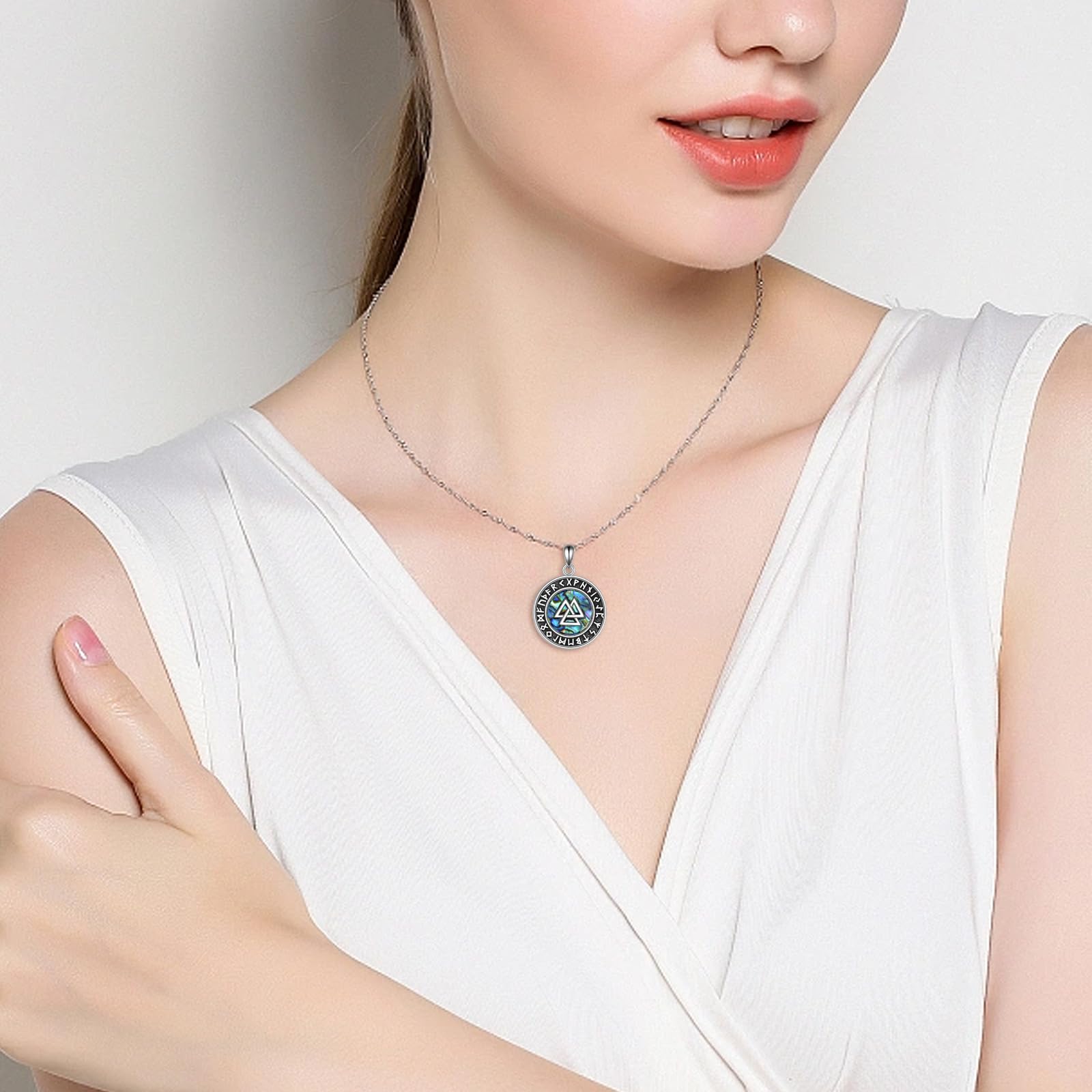 YAFEINI Wikinger Nordischer Kette Damen 925 Sterling Silber Valknut/Keltische Kreuz/Wolf/Anker/Vegvisir/Odin Horn Anhänger Halskette Abalone Muschel Wikinger Schmuck Geschenk