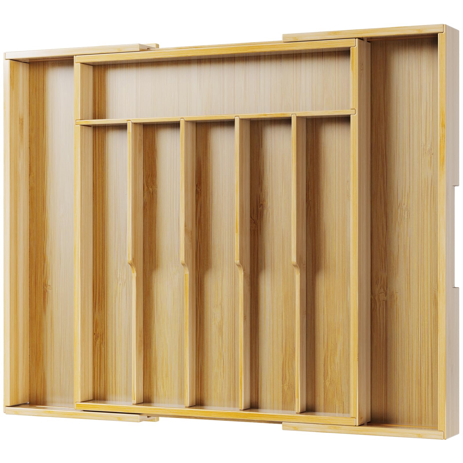 Kitsure Silverware Organizer - Expandable Bamboo Kitchen Drawer Organizer, Adjustable Cutlery Tray for Kitchen Storage & Organisation, 39.3 x 4.8 x 31.6-51.3cm