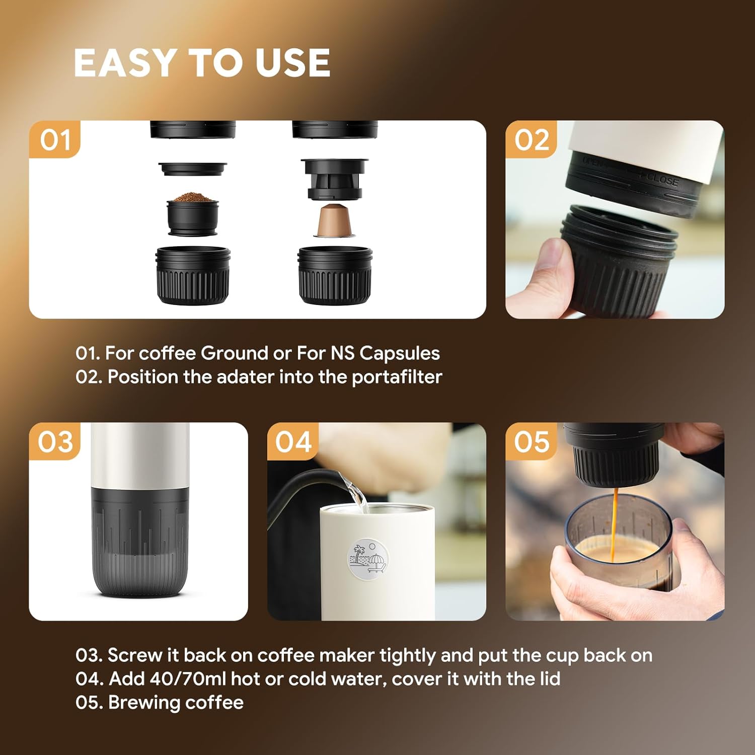 Portable Espresso Machine, Travel Coffee Maker for Camping, Car Coffee Maker Self-Heating with USB-C, 2 in 1 With Ground Coffee & NS Capsule for RV, Hiking, Office,Christmas Gifts for Men(White)