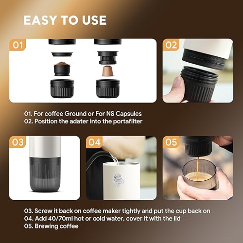 Miniatura 7 de Cafetera eléctrica portátil de café expreso, cafetera de viaje para campamento, cafetera de auto con calentamiento automático con USB-C, 3 en 1 con