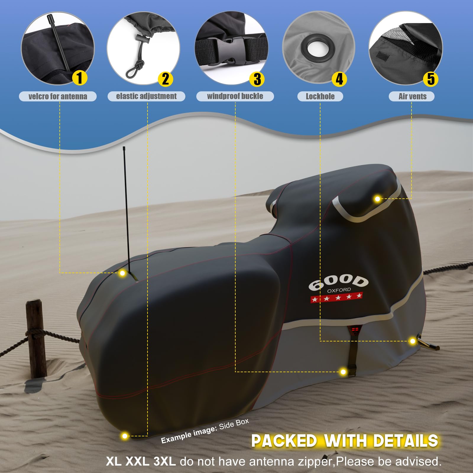 Funda para Motocicleta 600D Resistente para Todas Las Estaciones, Universal, Impermeable, protección Solar al Aire Libre, Duradera, Reflectante Nocturna y Cubierta de vehículo XXL de 96