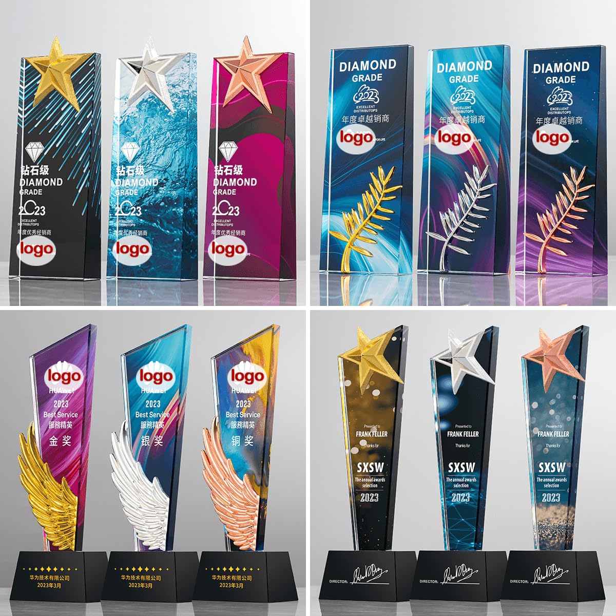 Trofeo de premio de cristal personalizado, medallas distintivas para campeones de competición, subcampeones y tercer lugar, reconocimiento honorífico