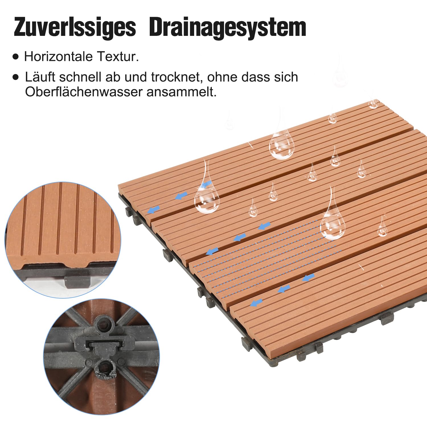 Eulenke WPC Terrassenfliesen 33 Stück, 30x30 cm Terrassendielen für Balkon Boden, Klickfliesen, Balkonfliesen in Holzoptik, Bodenbelag Wetterfest für Terrasse, für 3 m², ‌Braunrot