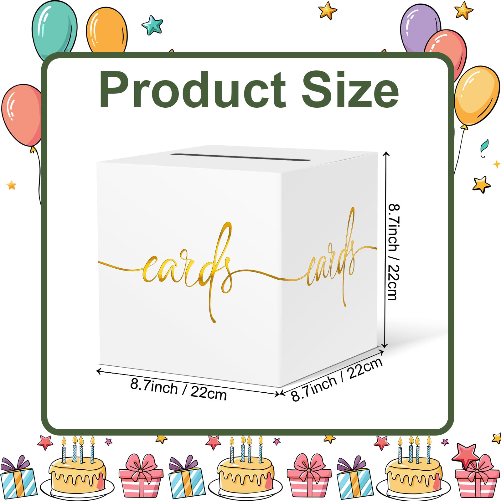 White Card Box with Gold Foil Design, Paperboard 8.7" Card Box for Birthday Wedding Party Graduation Retirement Anniversary Valentine's Day & Baby Showers, Raffle or Money Box