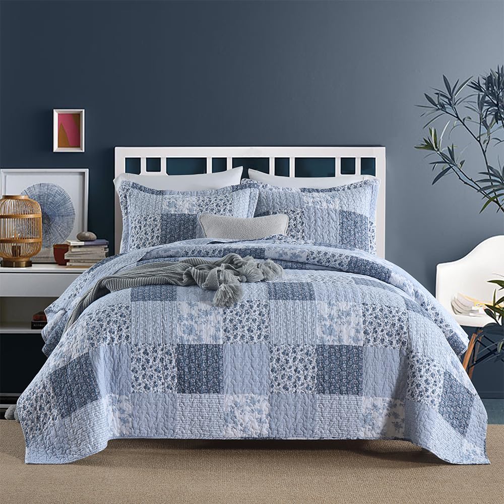 ENASAL Cotton Bedspread Quilt Bedding Sets Reversible Coverlet Sets Comforters Rustic Floral White Blue Patchwork Pattern Bedspread for All Season,