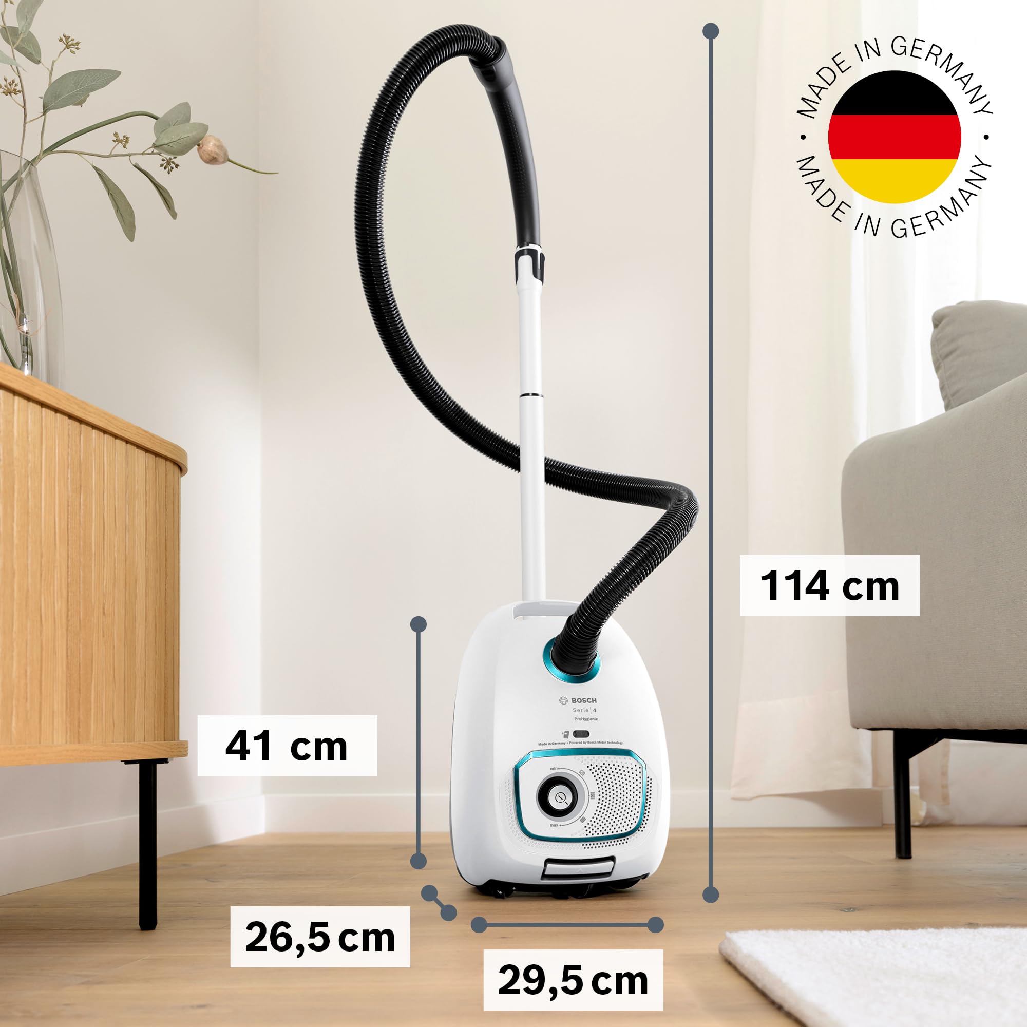 Bosch Aspirapolvere con sacchetto serie 4 ProHygienic BGD41HYG ideale per chi soffre di allergie, filtro igienico, 10 anni di garanzia motore, accessori integrati, bocchetta per materasso, cavo lungo,