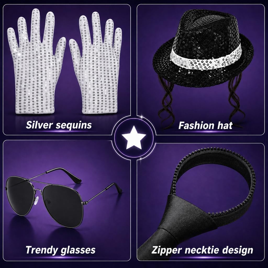 70s 80s Disco Pop Star Costume Accessories with Hat Tie Sequin Gloves Fake Microphone for Halloween Cosplay