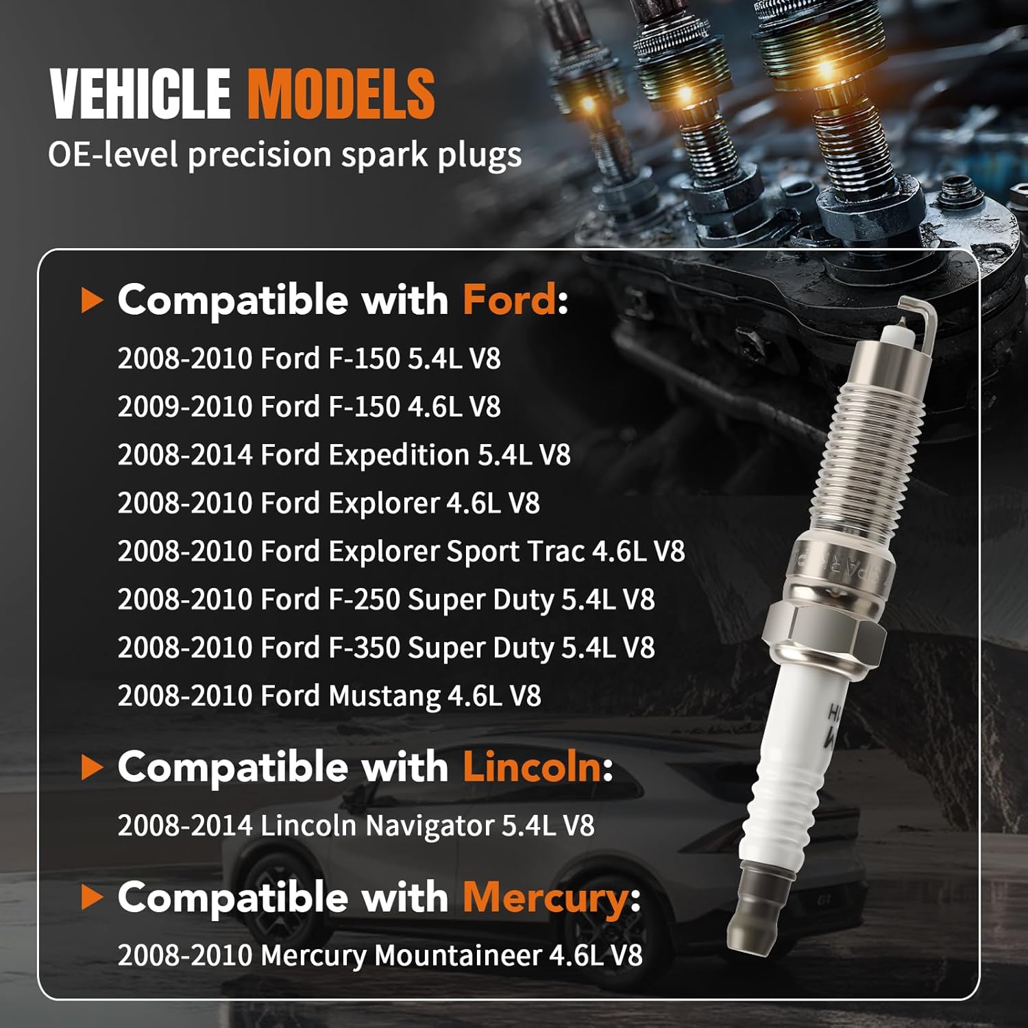 8 Pack Iridium Platinum Spark Plugs SP509 HJFS24FP Fit for Ford F150 Expedition F250 F350 Explorer Sport Trac Mustang Lincoln Navigator 2008 2009 2010 2011 2012 2013 2014 5.4 4.6 V8