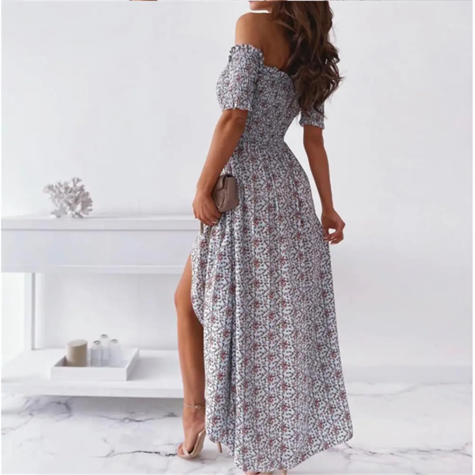 Vestidos Grandes para Mujeres Vestidos Casuales sin Tirantes de Hombro en Verano Flores de Playa Vestidos de Sol Largos con Volantes Huecos Vestidos Sexy Ahumados, HUTALIM, Azul claro, m