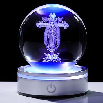 Movdyka 3D Crystal Ball Virgin De Guadalupe Statues with Religious Cross