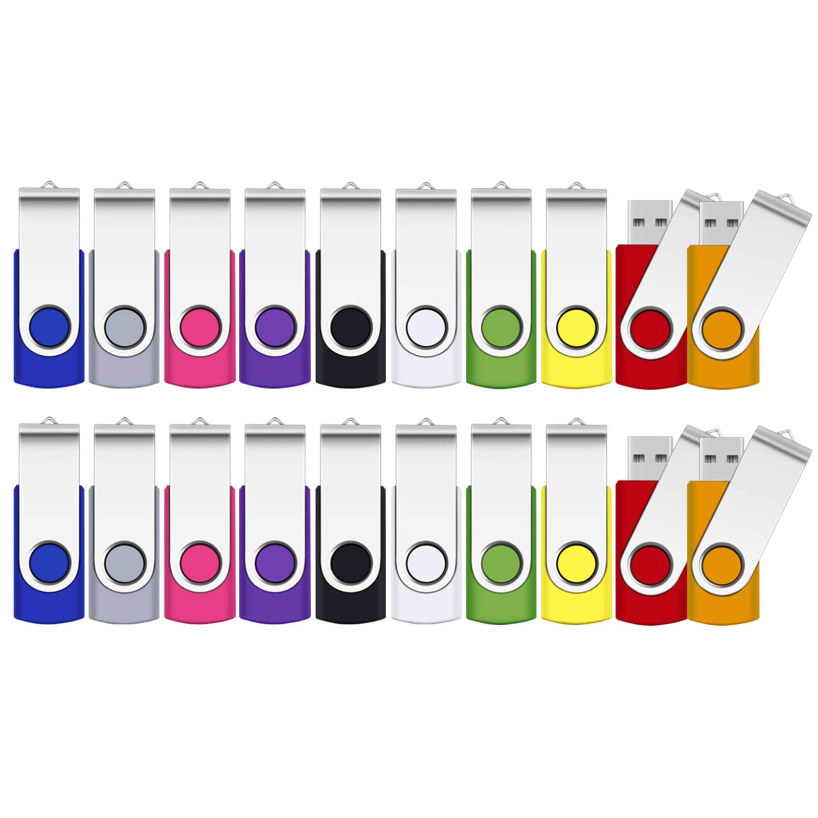 8GB USB Flash Drive, SRVR 20 Pack USB 2.0 Flash Drive Metal Swivel USB Memory Stick with LED Indicator, Fold Storage Thumb Drives Jump Drive with Lanyards (8GB, 20 Colors)