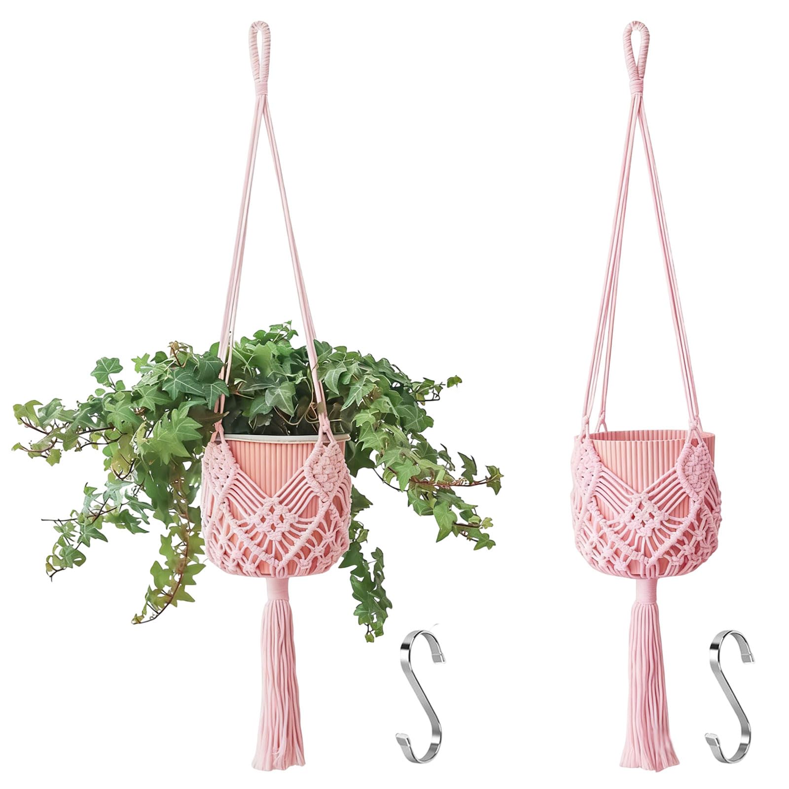 Muorruo 2-Pack Hanging Plant Holders with Patterns, Macrame Plant Hangers for Indoors and Outdoors, Macrame Plant Hangers for Pots up to 20 cm Diameter, Light Pink