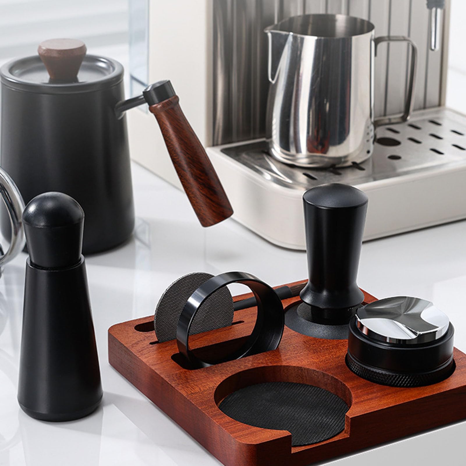 Sapele Wood Coffee Tamping Station with 51mm Tamper and Needle Stirrer