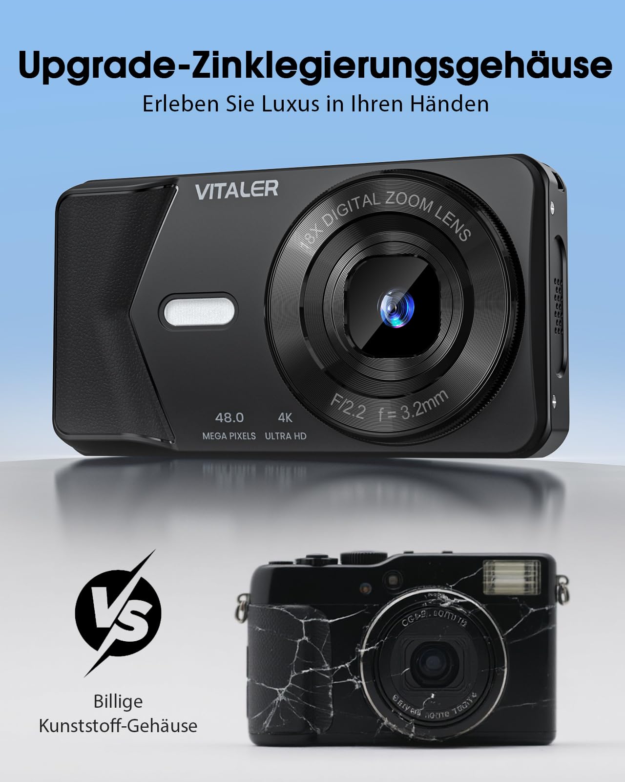 Digitalkamera 64MP 4K Doppelobjektiv Zinklegierung 2000mAh Akku 2,8" LCD 18X Digitalzoom Autofokus Kompaktkamera Schwarz