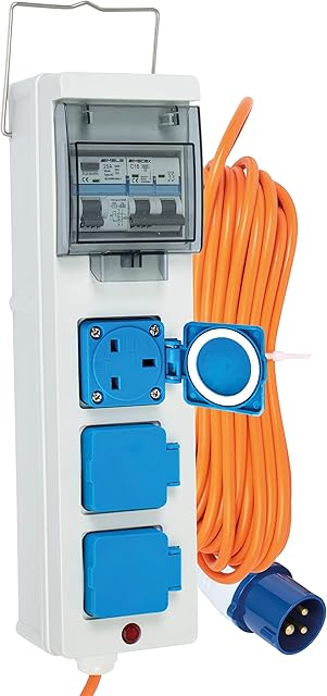 GADLANE Electric Hook Up for Camping - Water Resistant Extension Lead 15m Mains Supply Unit with 3 Sockets for Motorhome, Caravan & Camping Electric Hook Up Cable - UK Site Plug