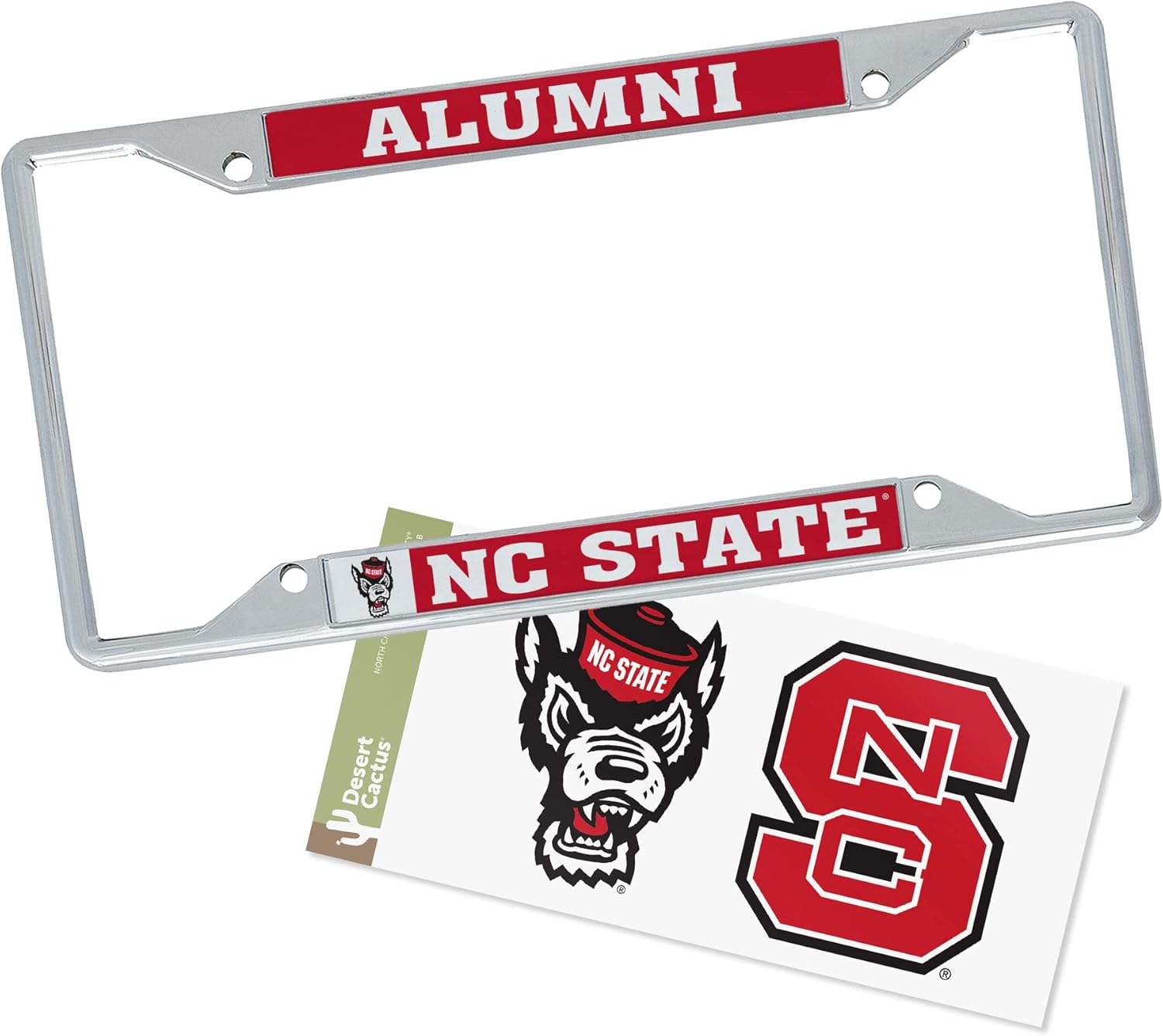 Desert Cactus North Carolina State University Car Accessories Metal License Plate Frame and Sticker for Front or Rear of Car (Sticker Frame Combo - Alumni)