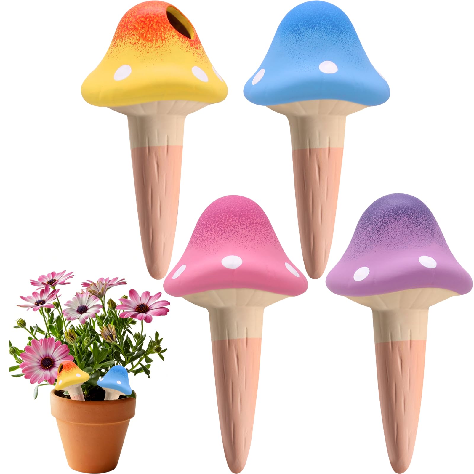 Abtanx 4 Pack Terracotta Watering Spikes, Vacation Self-Watering Planters Devices, Continuous Moisture with Slow Release Watering System Mushroom Shape