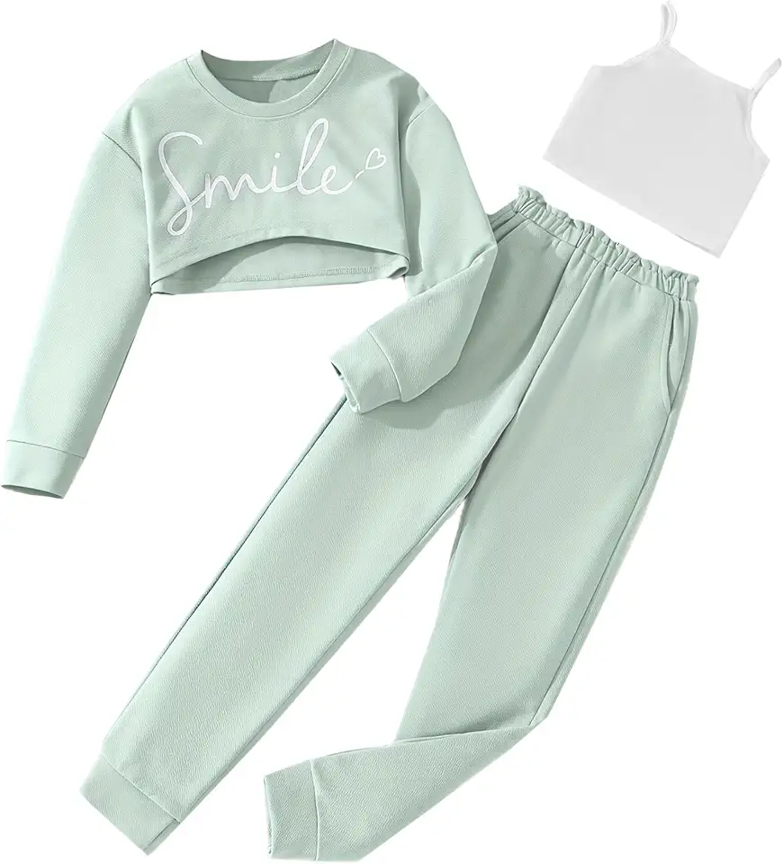 Hilinker Girls Long Sleeve 3 Piece Outfits Graphic Crop Tee and Cami Top with Pants Set