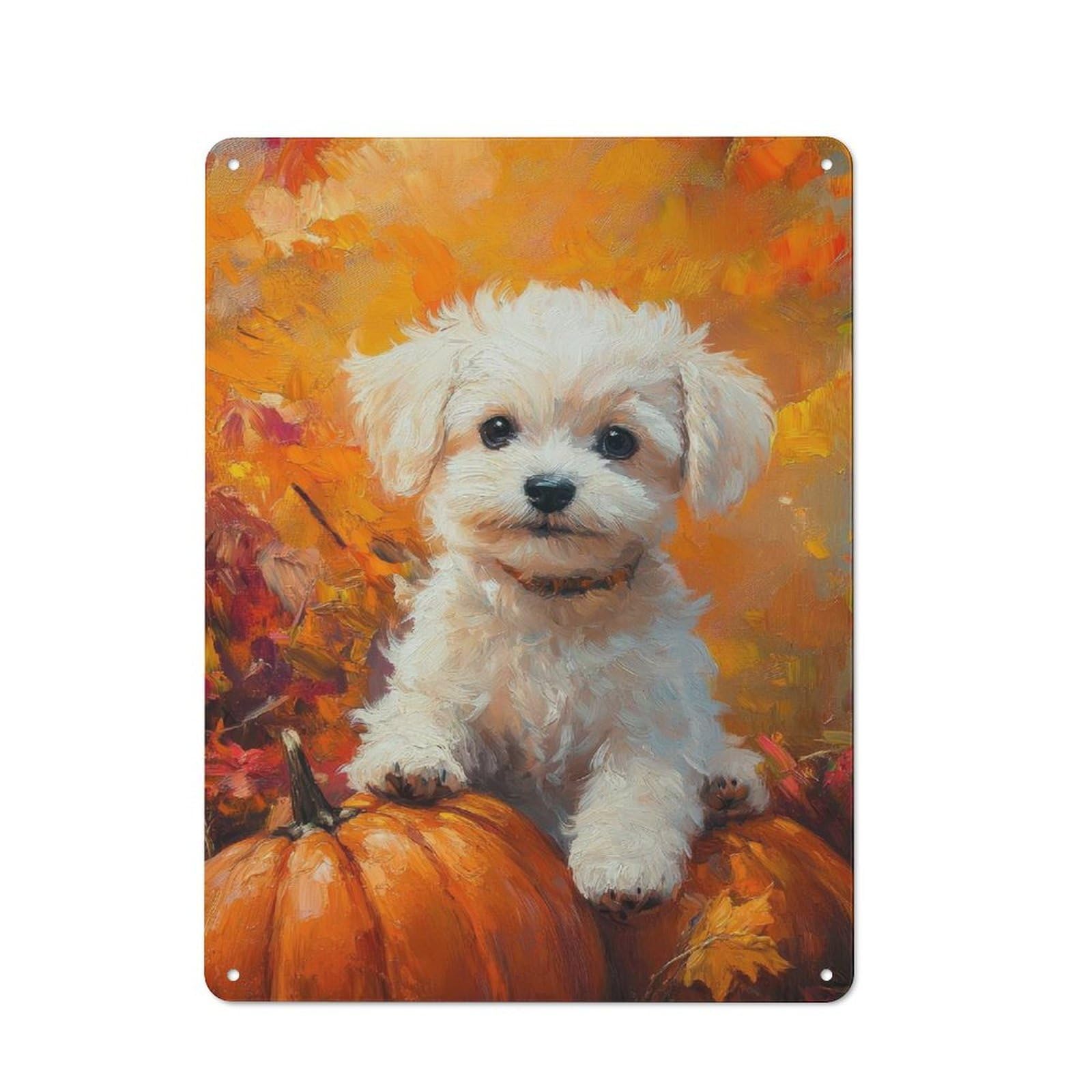 Junmoney Style-1 Maltese Puppy With Pumpkins In Autumn Painting Autumn Dog Art Retro-Style Tin Sign 40X30cm For Guest Room Or Hallway, A Christmas Gift For People Styling Guest Room And Hallway