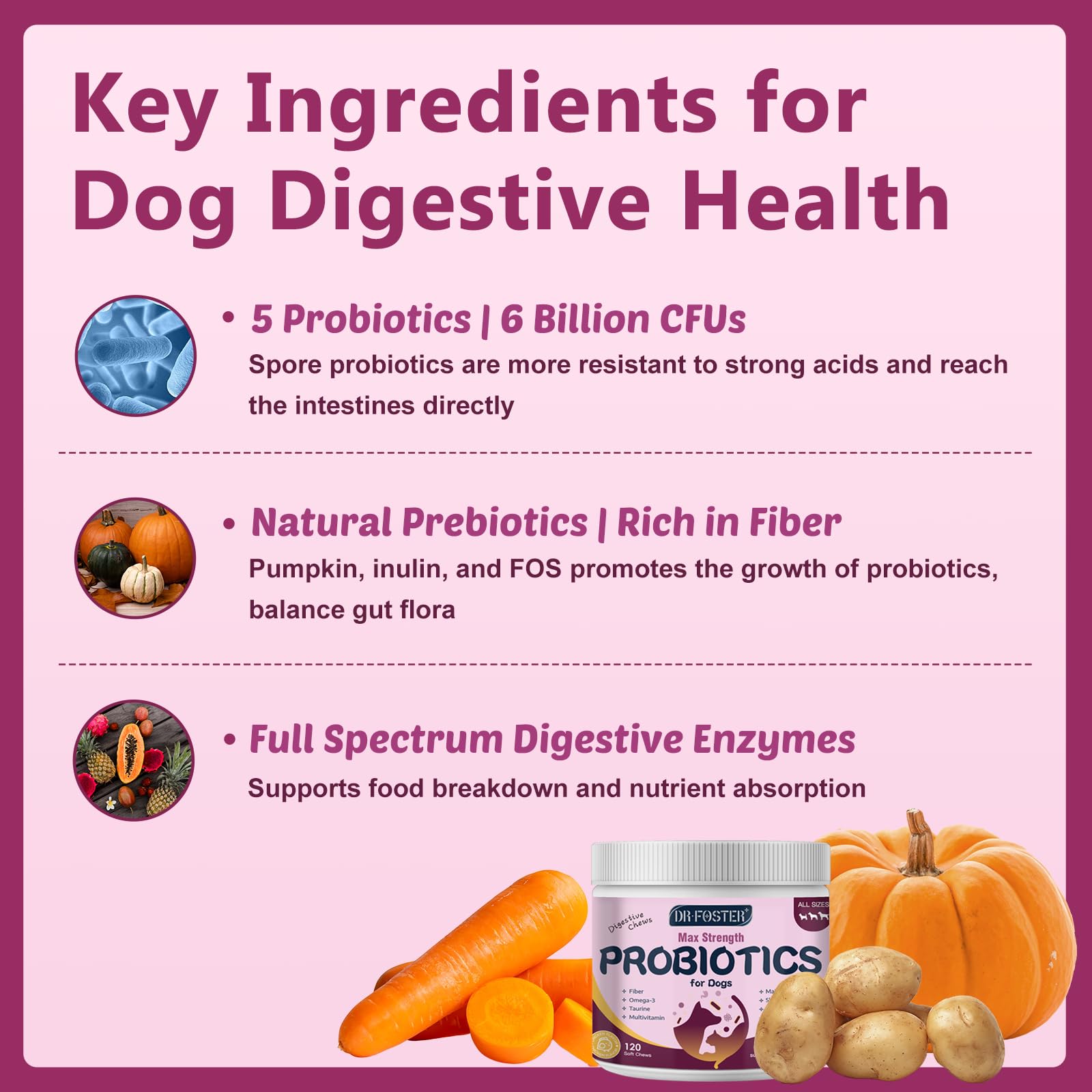 Probiotics for Dogs, Dog Probiotics for Digestive Health, 6 Billion CFU, with Prebiotics & Digestive Enzymes, Pumpkin & Omega-3, Dog Diarrhea Relief & Immune Support, Skin & Coat Care, 120 Soft Chews - image 3