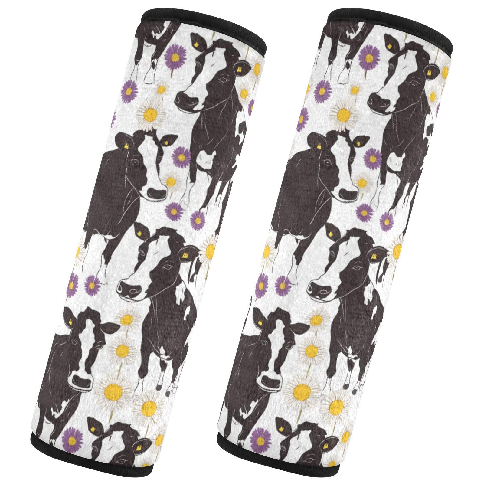 Seat Belt Covers 2 Pack Black White Cow Car Seat Strap Covers Super Soft Purple Daisies Car Seat Neck Cover for Boys Girls Adults Babies M