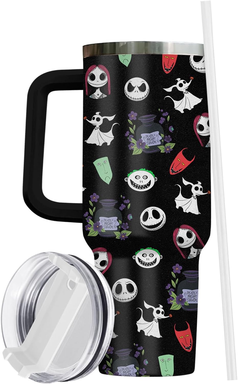 Halloween Gifts: Jack Skeleton 40 oz Stainless Steel Tumbler with Handle, Lid, and Straw - Nightmare Before Movie Cup, Horror Movie Gift for Cartoon Lovers