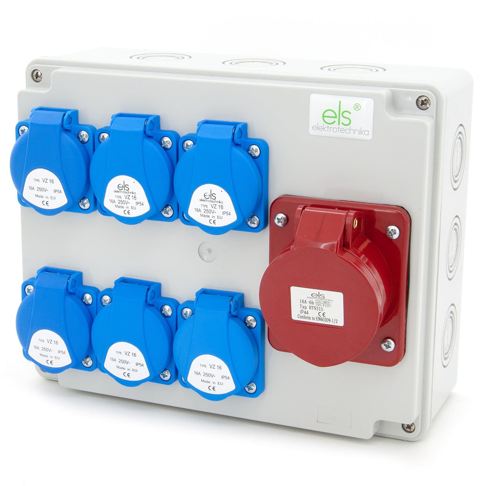 ELS Elektrotechnika Distributore di corrente da parete 6 x 230 V Schuko + 1 x CEE 16 A, distributore di presa cablato, per interni ed esterni
