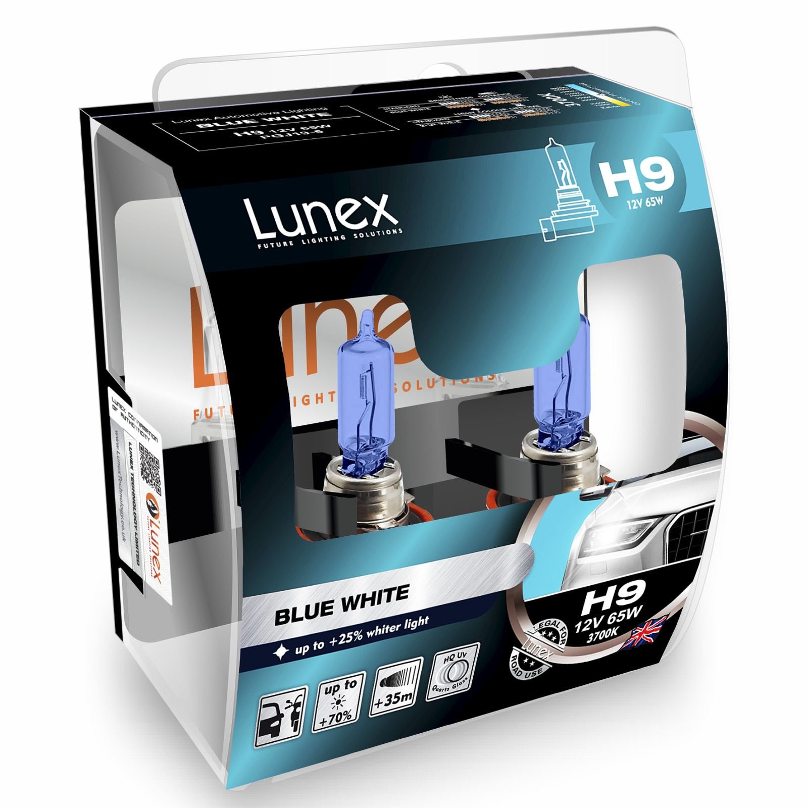 LUNEX H9 Blue White 709 Headlight Halogen Bulbs White Color 12V 65W PGJ19-5 3700K duobox (2 units)