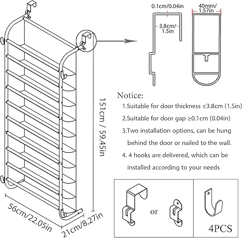 Miniatura 2 de MUOU Zapatero colgante de 10 niveles para almacenamiento de zapatos para armario, despensa, sobre la puerta, organizador de zapatos, estantes