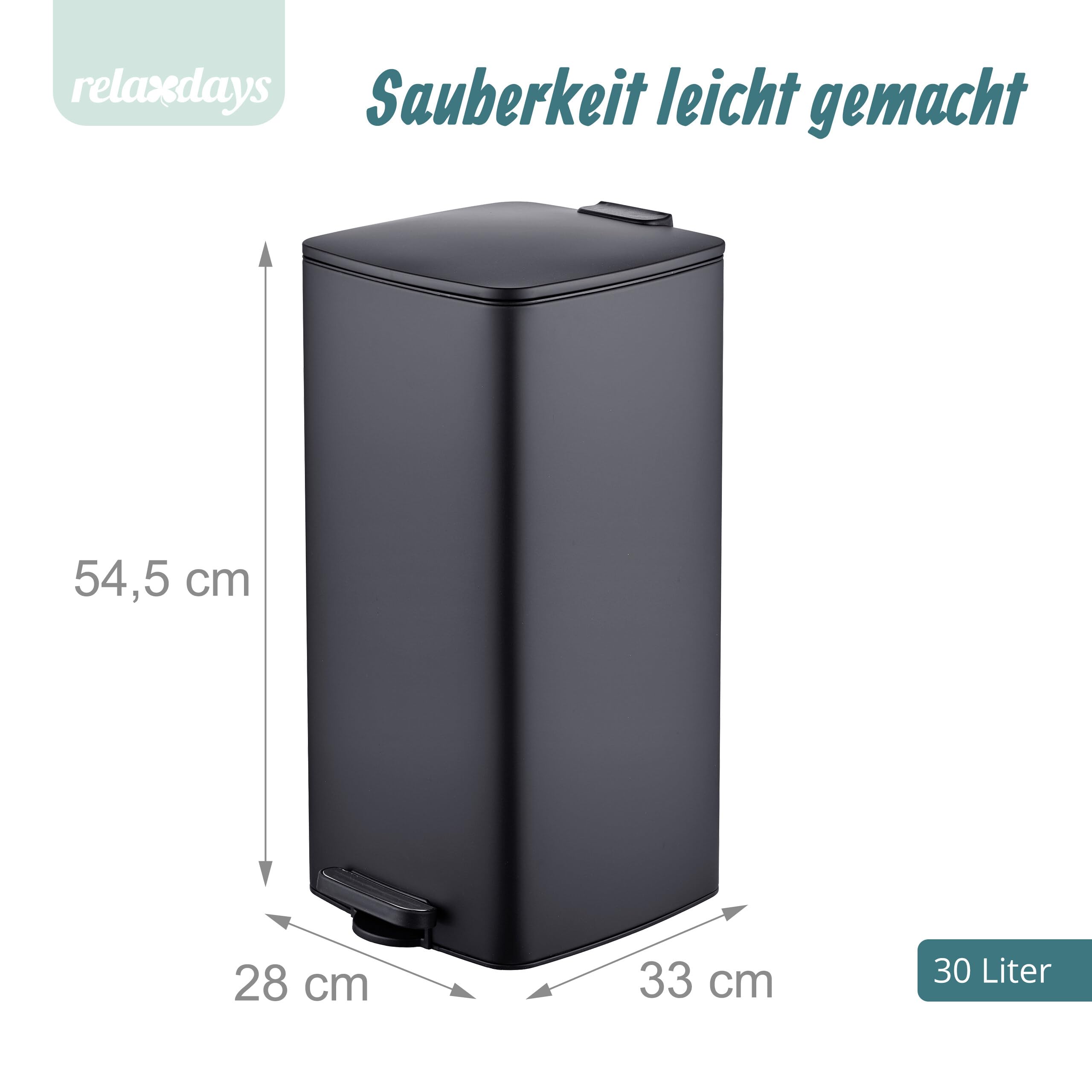 Relaxdays Mülleimer Küche, 30 Liter, Absenkautomatik, schwarz | entnehmbarer Inneneimer, mattes Metall, eckiger Treteimer