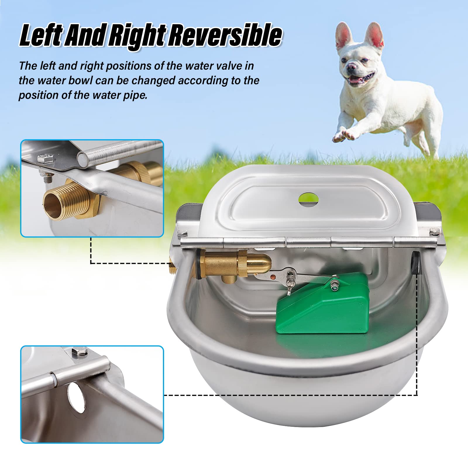 Roestvrij Stalen Drinkbak met 1/2 Inch Verstelbaar Vlotterventiel en Aftapplug, Groene Automatische Hondenwater Dispenser Drinkbak voor Vee, Varkens, Schapen, Honden