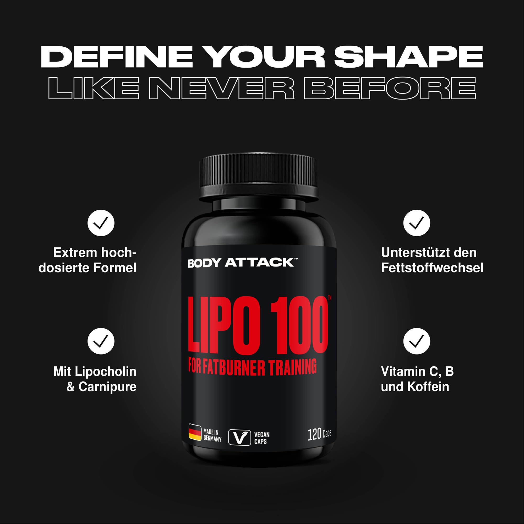 Body Attack LIPO 100-120 vegane Kapseln - Stoffwechsel Beschleunigen mit Lipocholine®, 200 mg Koffein, Ginseng & Grüner Tee Extrakt, Theacrin - Für Fatburner-Training & Diät - Made in Germany