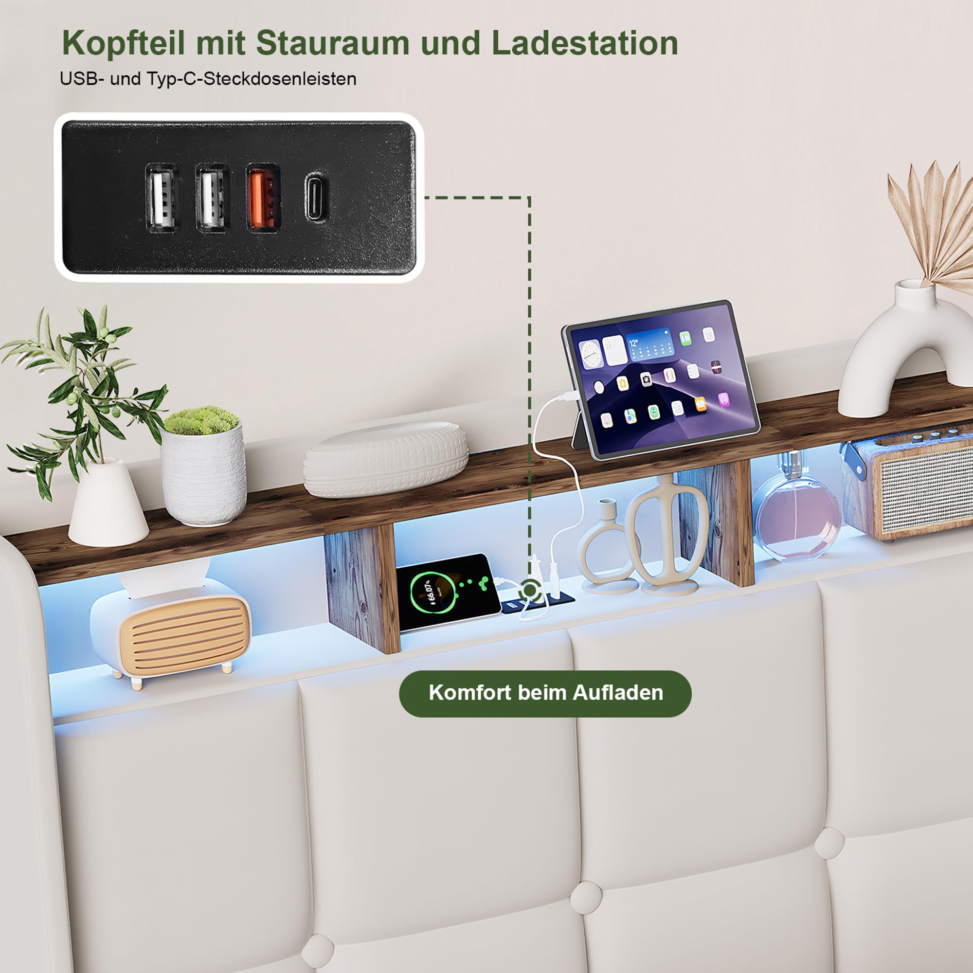 Cama con cajón 140 x 200 con LED, cama de matrimonio tapizada con somier de listones y compartimento de almacenamiento, cabecero doble, cama de matrimonio para adultos y adolescentes, sin