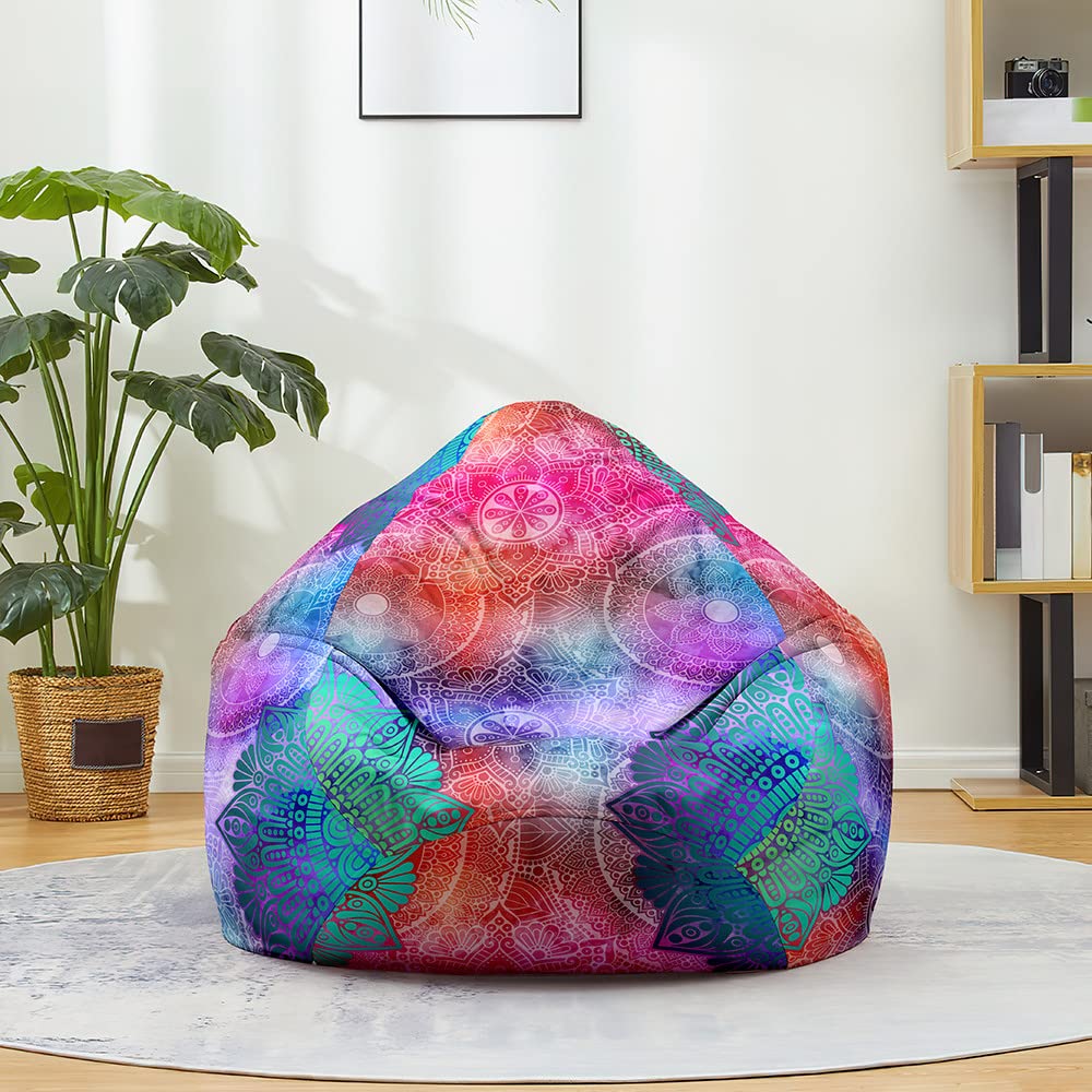 FANSU Bean Bag Cover Without Filling, Gaming Bean Bag Chair for Adult Kids, Highback Beanbag Seat, Stuffed Toy Clothes Storage 3D Mandala Print Lazy Sofa (100x120cm,Coloured mandala)