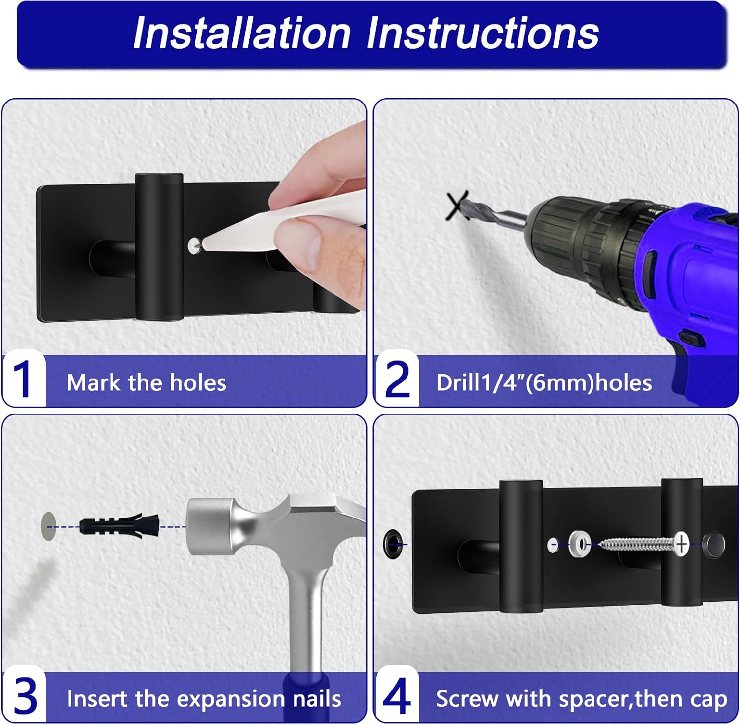 Coat Rack Wall Mount - 5 Coat Hooks, Towel Racks for Bathroom Robes Bags Keys, Hat Rack Wall Towel Hooks Organizer Essential (Black) - Image 4