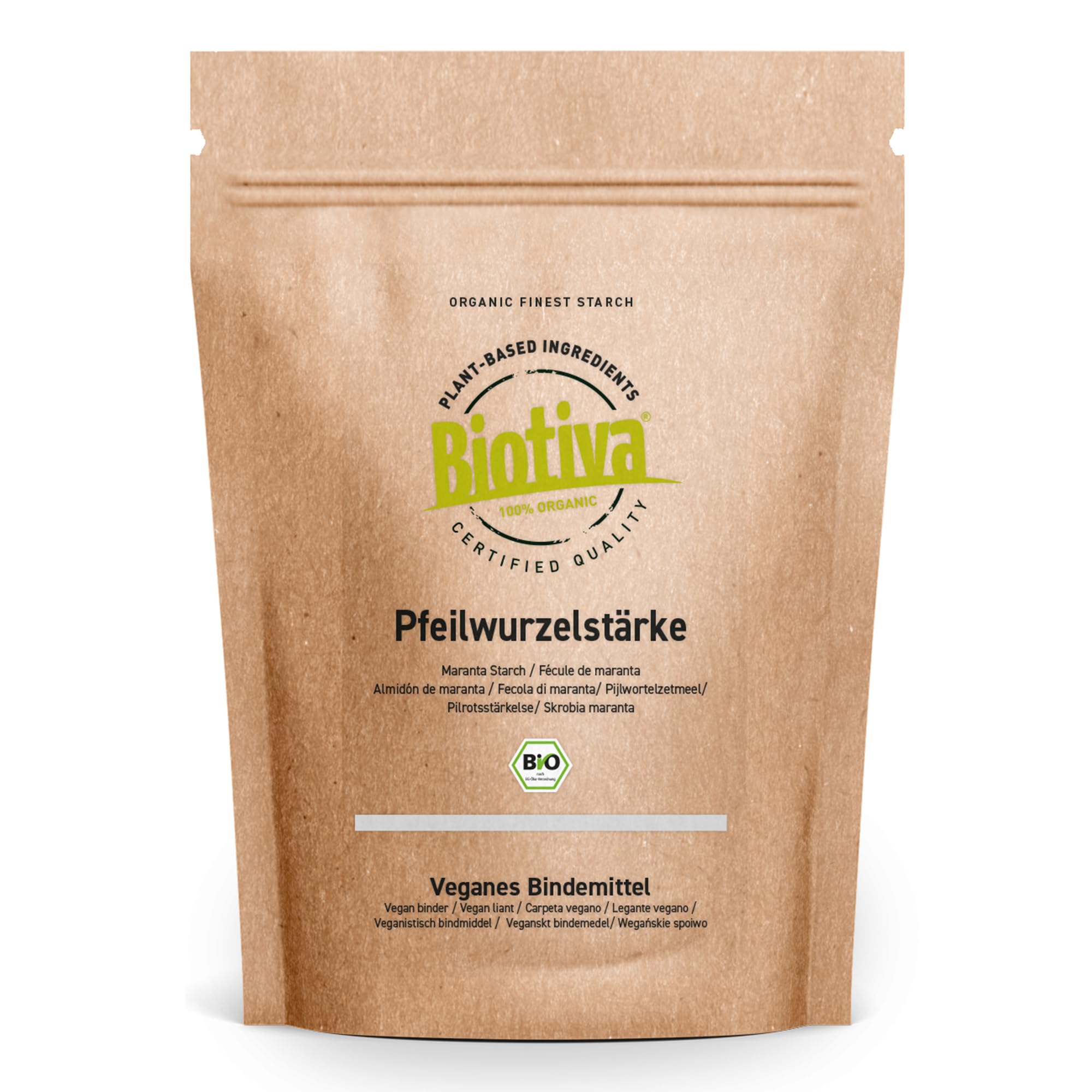 Biotiva Fuerza del arrurruz orgánica 1000g - Maranta arundinacea - 100% natural - aglutinante vegano y sustituto de la gelatina - certificado y embotellado en Alemania