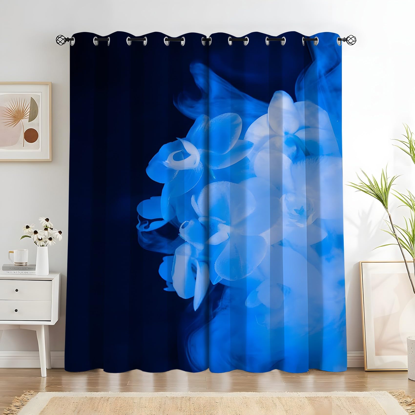 Rideau occultant isolant contre le froid et le chaud à motif floral bleu pour chambre