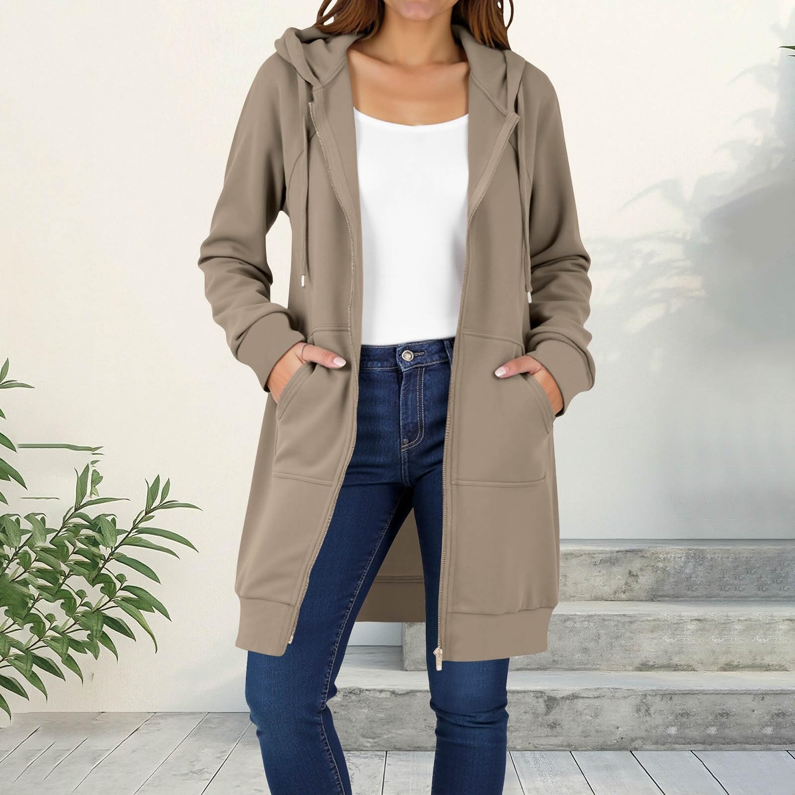 Generico Felpa Donna con Cappuccio Lunga Felpa in Cotone Tinta Unita Caldo e Morbido Giacca Sportiva con Zip Felpe da Invernale con Coulisse Classico e Comodo Sweatshirt da Casa Leggero e Casual