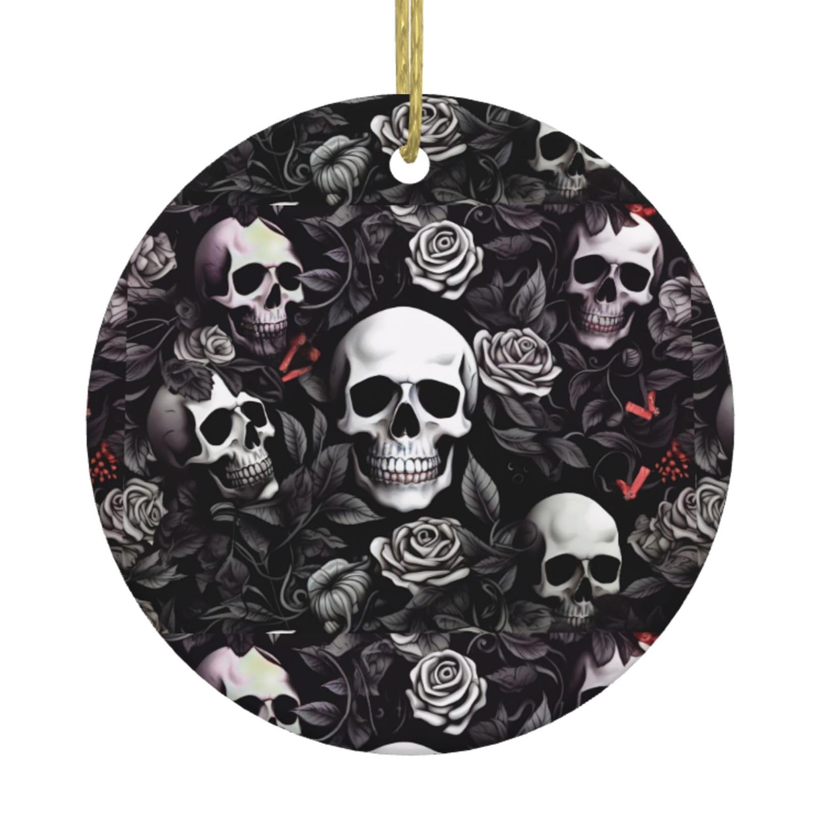 Black Floral Skull -Christmas Ornament, Round Ceramic Hanging, Christmas Decoration, Xmas Tree Pendant, Ornaments For Christmas Tree, Holiday Party Decorations For Festival Gifts