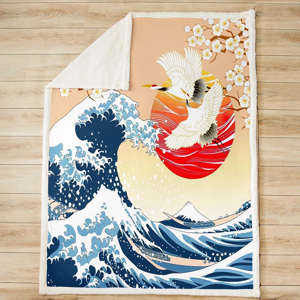 Feelyou Japanese Wave Fleece Throw Blanket Twin 60"x80" Kids Cherry Blossoms Plush Blanket for Boys Girls Teens Red Sun Hokusai Pattern Home Decor Sherpa Blanket Japanese Style Fuzzy Blanket