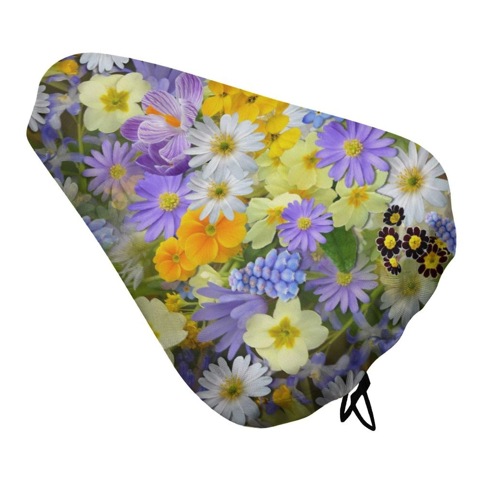 Treer Bike Seat Cushion Covers Waterproof, Daisy Outdoor Bicycle Saddle Rain Dust Cover with Elastic, Non-Slip Bicycle Seat Protector Shield for Journey and Travel (Purple daisy,6PCS)