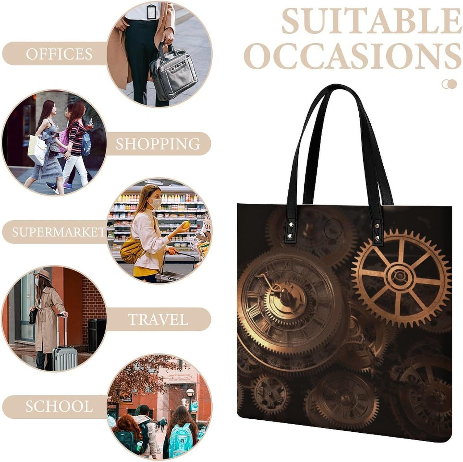 Gears Clock Bronze Century Tote Bag with Magnetic Buckle Reusable Grocery Bags Lightweight Cross Body Handbag for Daily Essentials